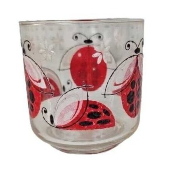 Vintage Clear Drinking Glass w/ Handpainted Ladybug & Floral Design - Picture 3 of 6